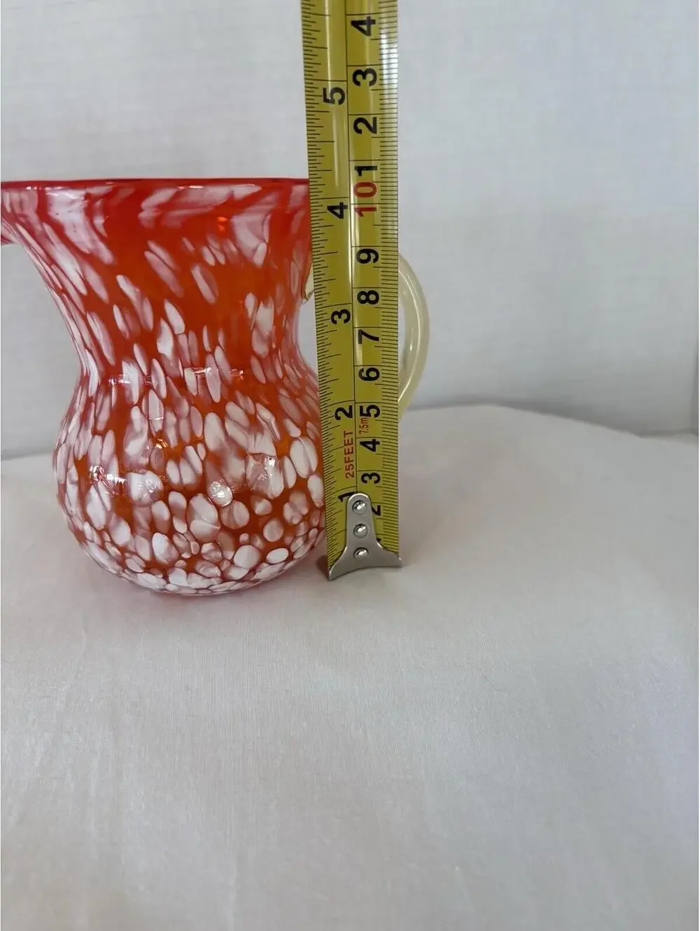 Vintage Hand Blown Rainbow Art Glass Pitcher Small Orange White & Yelllow